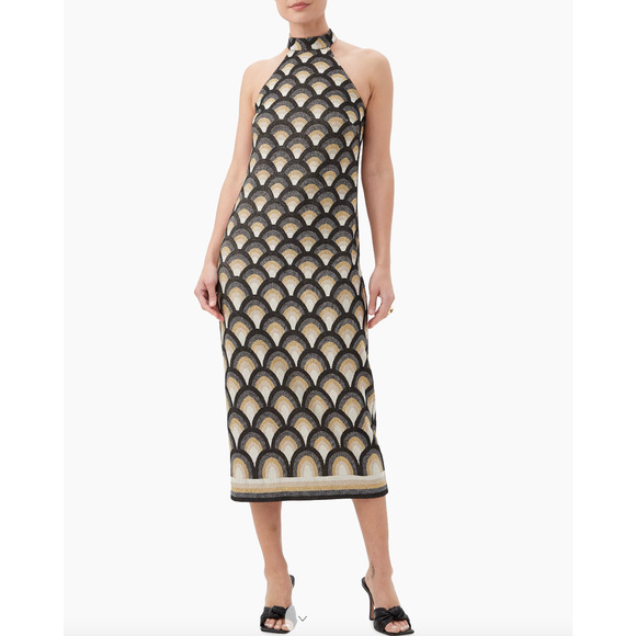 $368 Trina Turk GIRI Jacquard Knit Halter Midi Dress | Sz 4, Black Gold Metallic - Picture 1 of 10